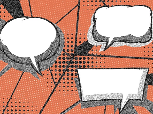 speech bubbles in pop art style surrounded by dots and an orange background